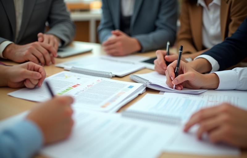 A group of professionals actively collaborating on a training exercise workbook