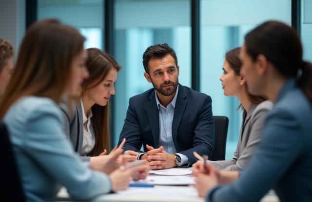 Professionals collaborating intensely during an interviewer training session