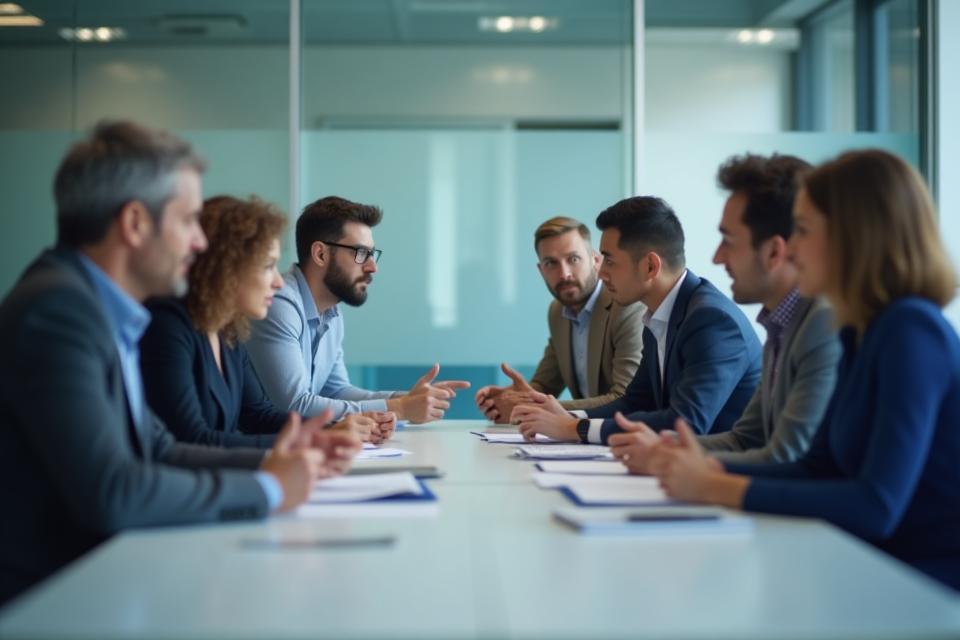 Professionals collaborating intensely during an interviewer training session